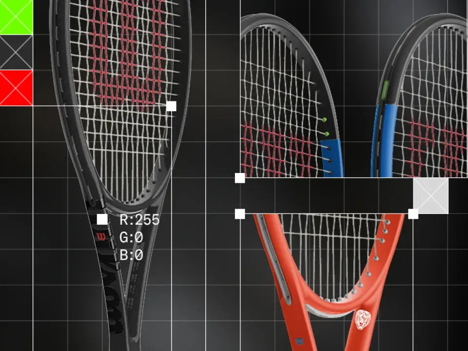 Close-up of Wilson racket frames and strings with design guide markings